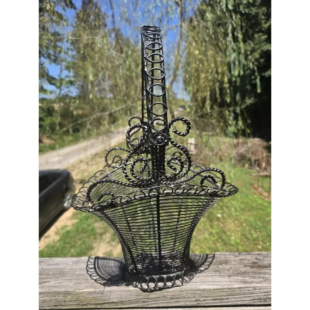 Vintage Black Wire Metal Basket Ornate Scrollwork Handle Farmhouse Decor